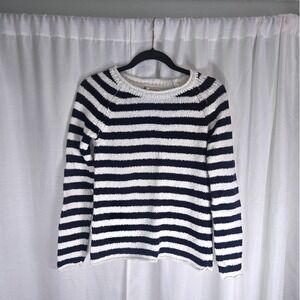 Striped Cotton Akini‎ Sweater Womens Small Navy Blue White Crew Neck Knitwear